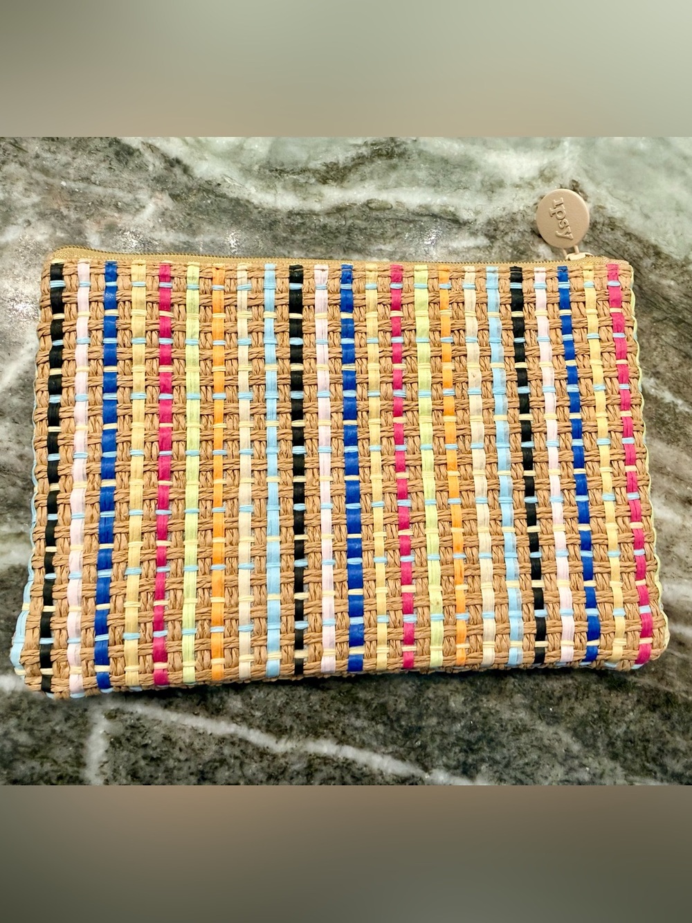 Ipsy~Woven Straw Pouch~Multicolor Striped Summer Makeup Bag~Zip Top 8x5”~New